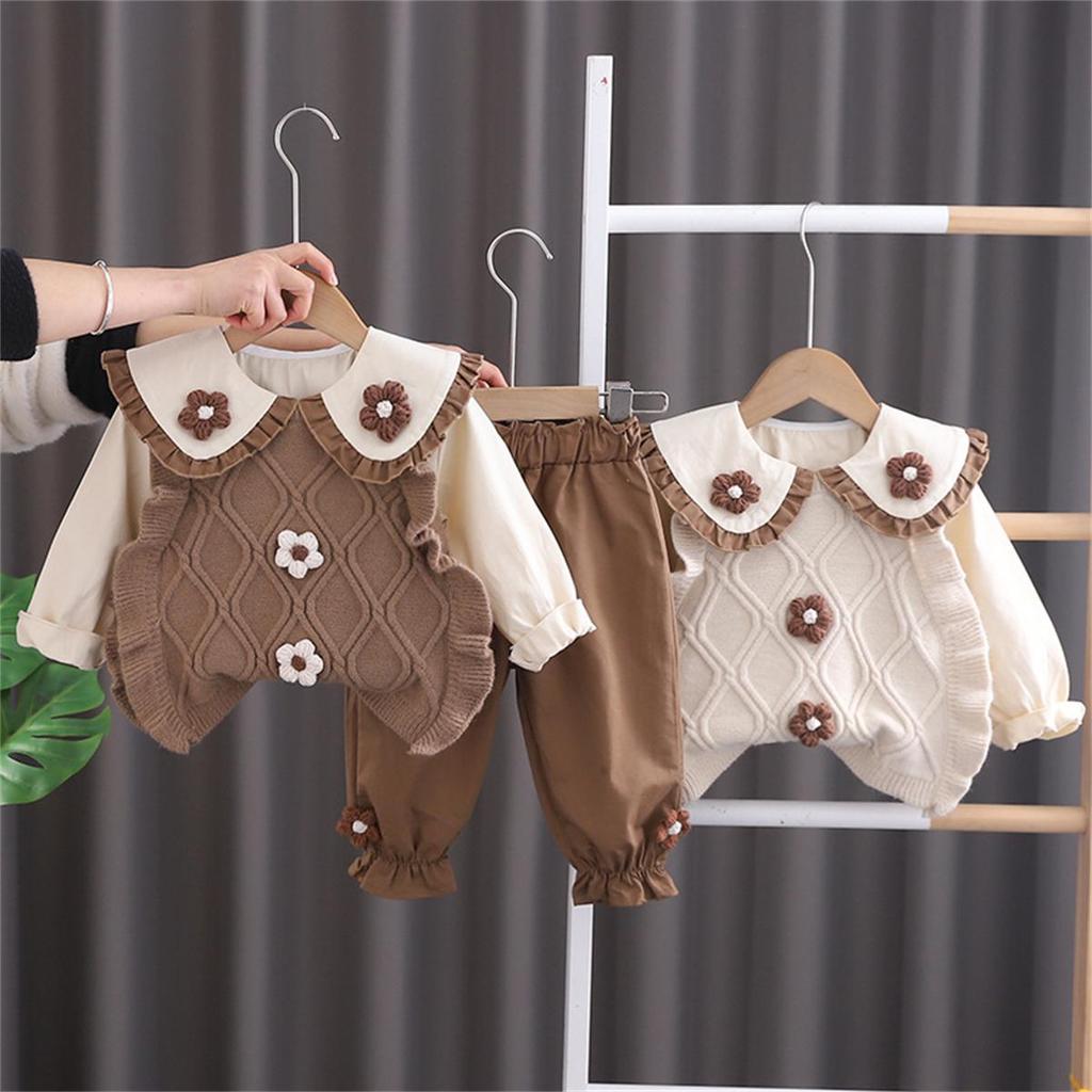 2024 3Pcs Spring Baby Girls Clothing Sets Children Knitted Vest Lace Shirt Pants  Suit Infant Floral Princess Clothes Kids Outfits
