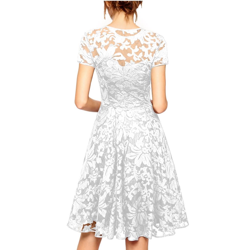 Women's Fashionable Round-neck Short-sleeved Lace-trimmed Dress