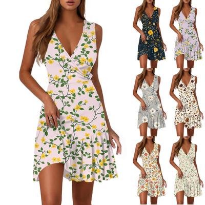 Ladies Casual Fashion V-Neck Sleeveless  Print Dress