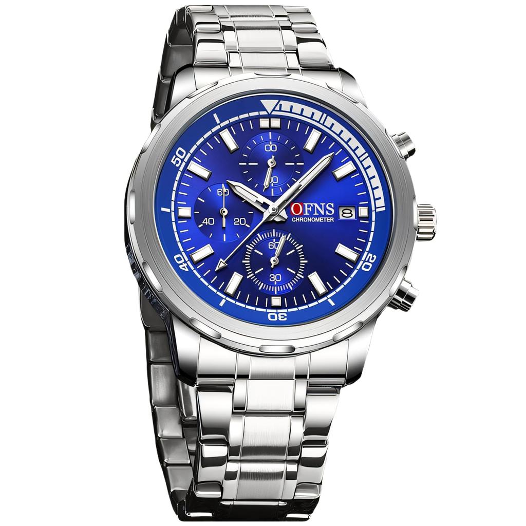 Men's Business and Leisure Watch with Three Eyes Six Needles Quartz Movement Night Light Display Waterproof Wristwatch