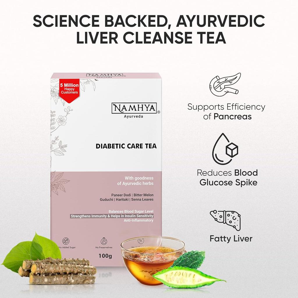 Namhya Diabetic Care Herbal Tea | Ayurvedic Blend with Paneer Dodi Bitter Melon Guduchi & Herbs | Supports Blood Sugar Balance | Boosts Immu