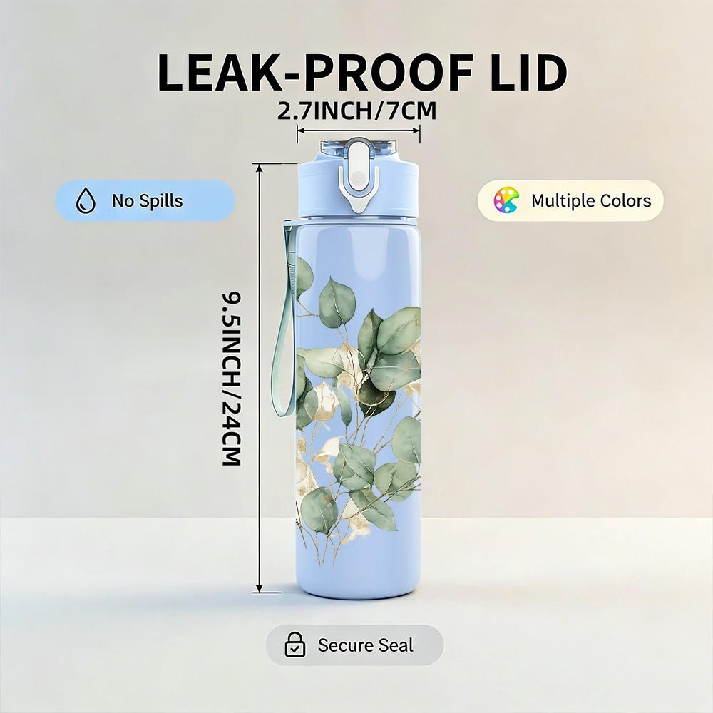 1PC Eucalyptus Leaf Botanical Print 750ml Color Plastic Sports Water Bottle Leakproof Flip Straw Lid Suitable for Sports Office Home Use