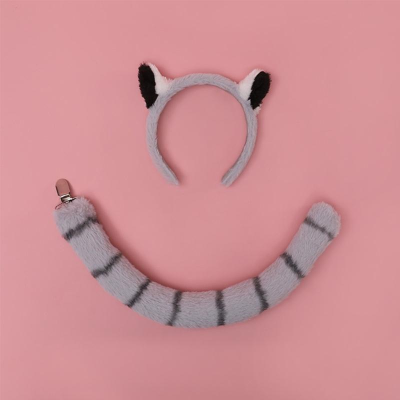 Animal Raccoon Ears Headdress Tail Set Plush Handmade Costume Set Anime for Halloween Christmas Cosplay Accessories
