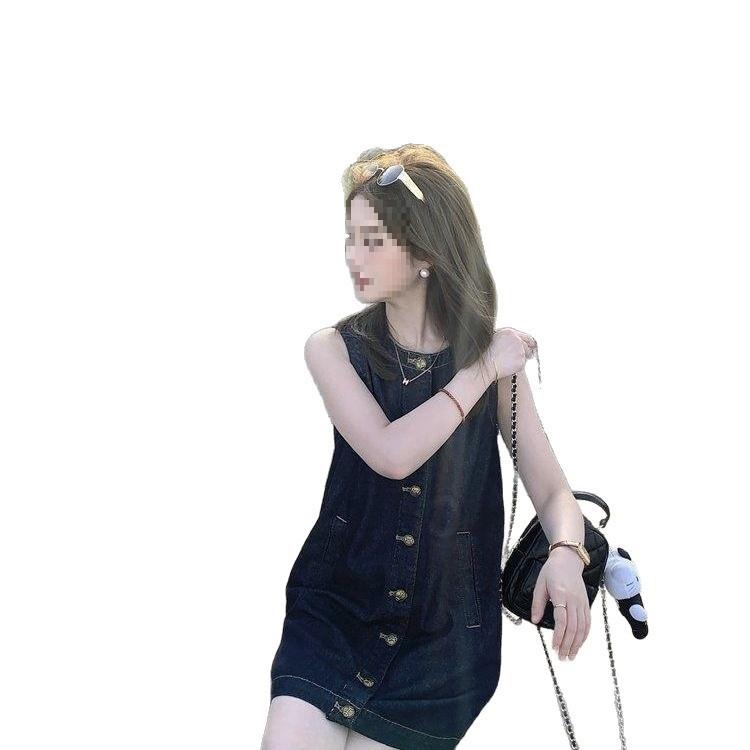 Vintage Korean Style Denim Button Dress With Knit Fabric For Casual And Travel Use