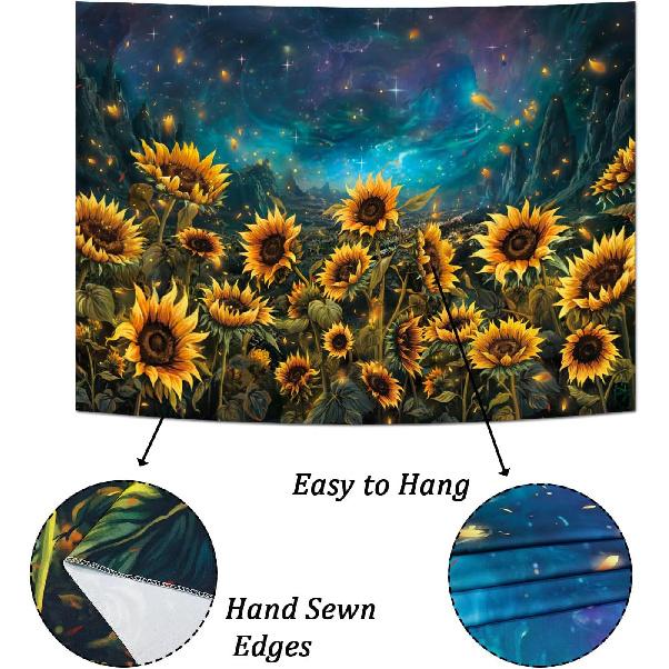 Heynvioo Sunflower Tapestry Galaxy Space Tapestry Fall Yellow Floral Plants Tapestries Starry Sky Mountain Nature Tapestries Wall Hanging for Home