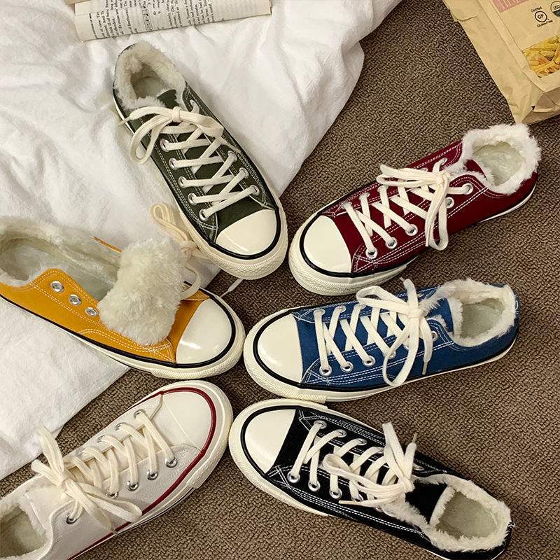 Low-top Cotton Shoes Women's Winter 2025 New Korean Version Versatile Student Velvet Canvas Shoes Women's Shoes Warm and Thicker