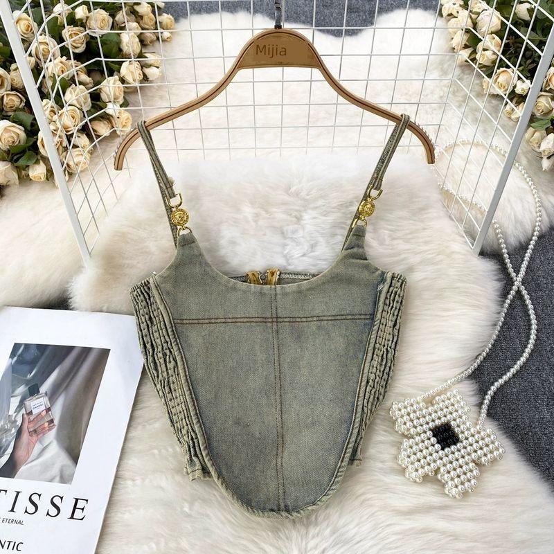 

Sexy Tight Denim Patchwork Contrast Color Camisole Green All yards