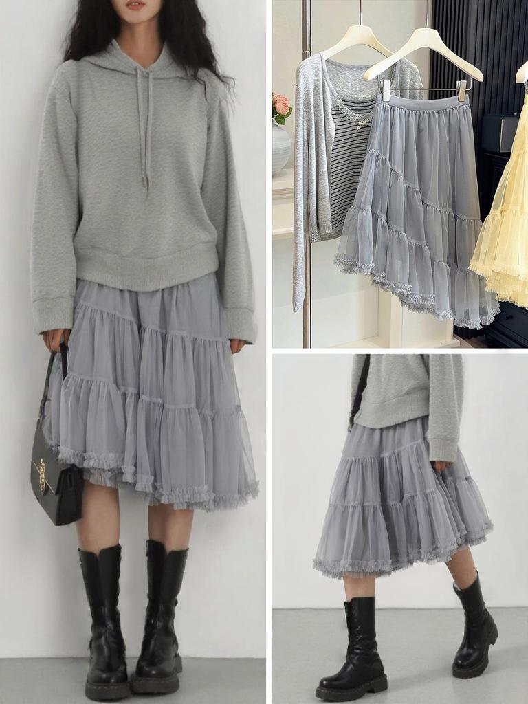 Women's Summer High Waist Ruffled A-Line Midi Skirt with Irregular Mesh Layers