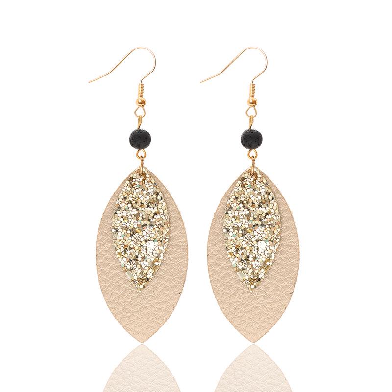 

Leaf-Shaped Volcanic Stone Leopard Print Leather Earrings - European & American Western Style