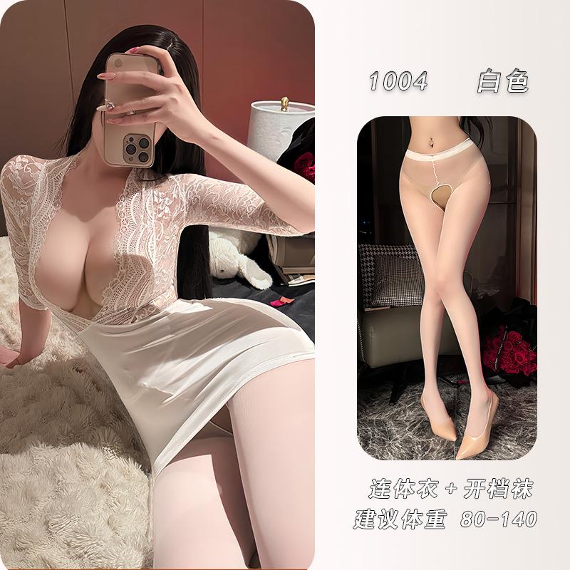 Ye Yu Sexy Deep V Secretary Uniform Seduction Sexy Lace Perspective Flirting Skinny Buttocks Skirt 