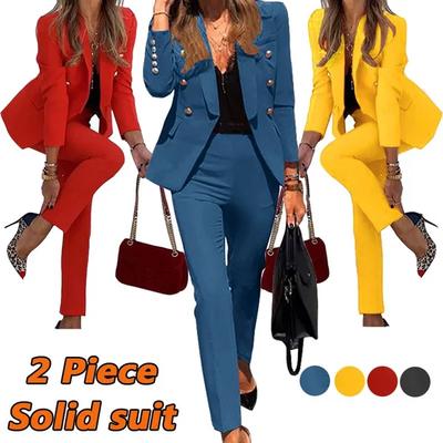 Women Fashion Spring Summer Office Ladies 2 Two Piece Set Shawl Neck Open Front Blazer Pants Suit Solid Color Elegant Female Casual Business Matching