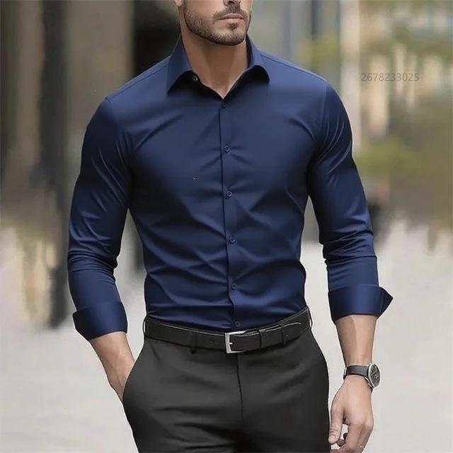 Cămașă pentru bărbați, stil business casual, cu mânecă lungă, culoare solidă, guler revere, rezistentă la șifonare, mărime mare