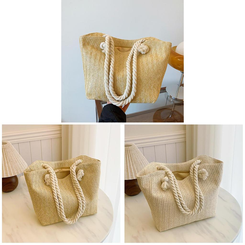 Large Capacity Straw Shoulder Bag With Synthetic Leather Lining For Women