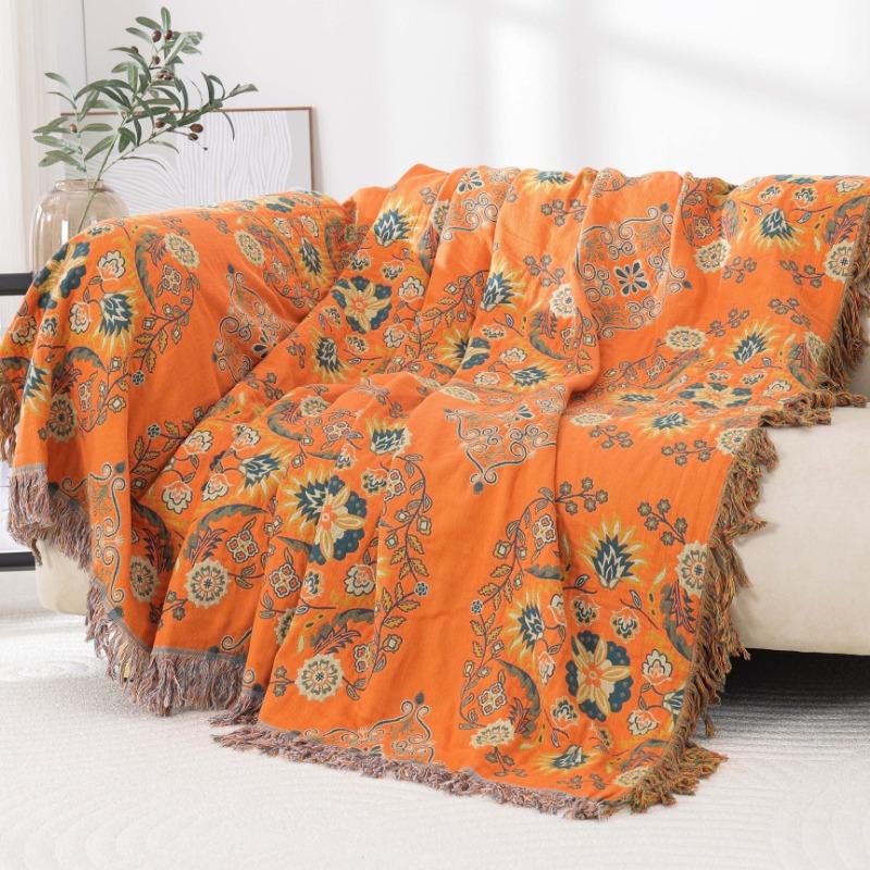 European Linen Sofa Throw with Floral Embroidery & Tassel Trim, Reversible Couch Cover Blanket for Living Room Decor - 110x210cm To 230x250cm