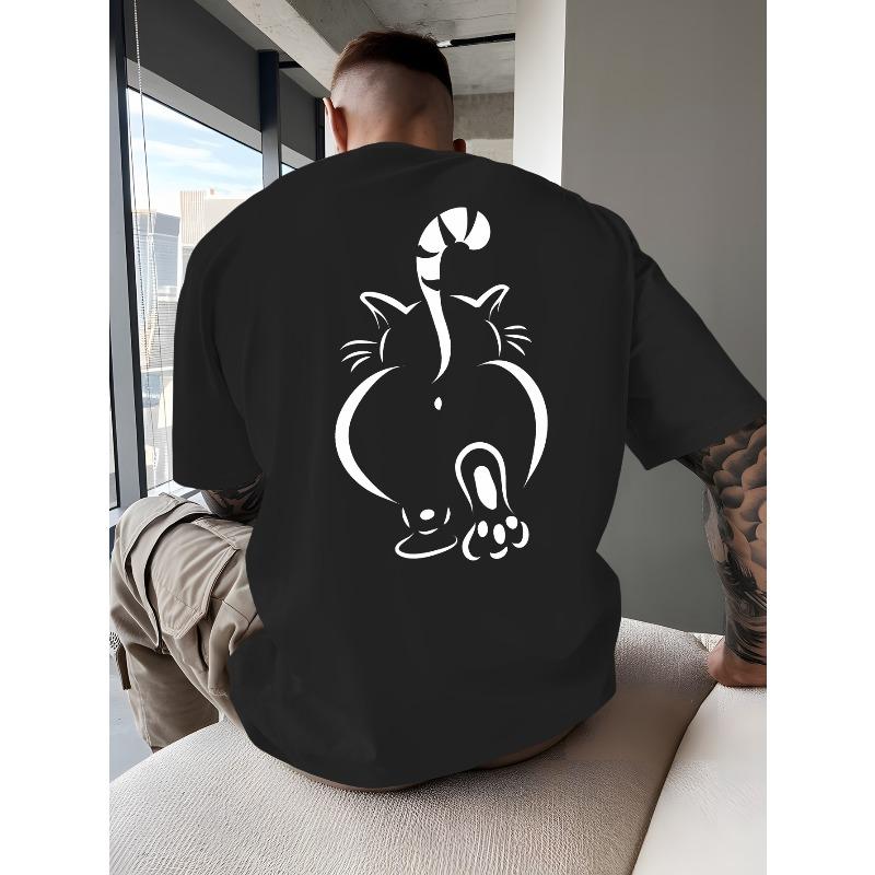 European Size Men's Bright Yellow Cat Back Print T-Shirt - Playful Geometric Design, Breathable Short Sleeve Crew Neck Summer Top for Beach Vacation =