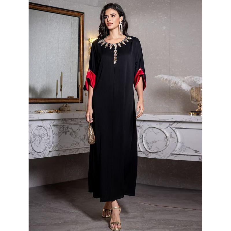 

Middle East New Arrival Fashion Hand-Stitched Diamond Color Matching Sleeves Dress Hand Sewn Diamond Dress Black 2XL