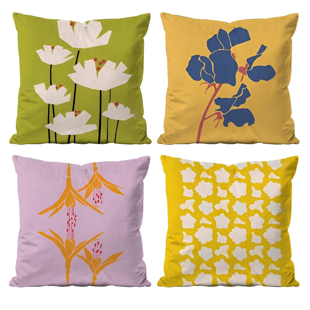 Colorful Flower Illustration Print Pillow Case Anti-dustmite Pillowcase Invisible zipper silky short plush Sofa cushion cover