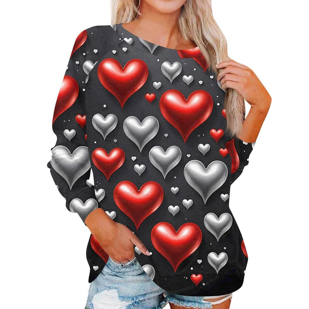 Damen Modisches Rundhals Schulter Langarm Valentinstag Bedrucktes Lässiges Pullover-Oberteil