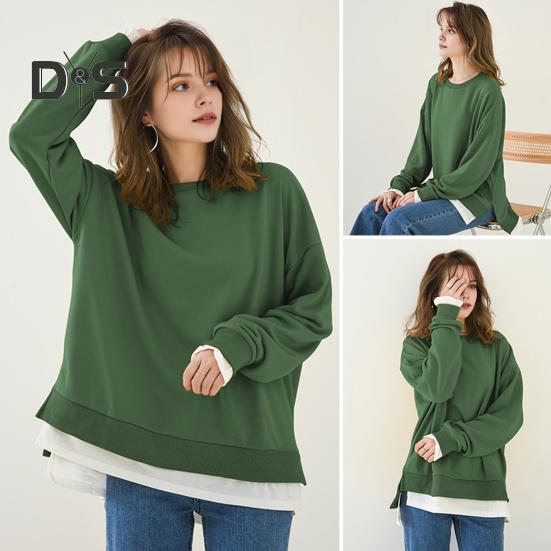 Women Sweatshirt Round Neck Long Sleeve Solid Color Loose Fit Pullover Tops Fake Two Pieces Side Slit Design Casual Sport Tops