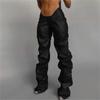 Western Style 2023 Women clothes New Fashion Pleat Pu Imitation Leather Sexy Low Waist Street Shot Straight Casual Trousers