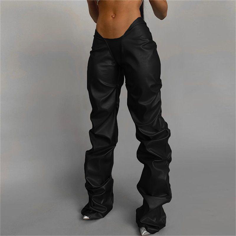 Western Style 2023 Women clothes New Fashion Pleat Pu Imitation Leather Sexy Low Waist Street Shot Straight Casual Trousers