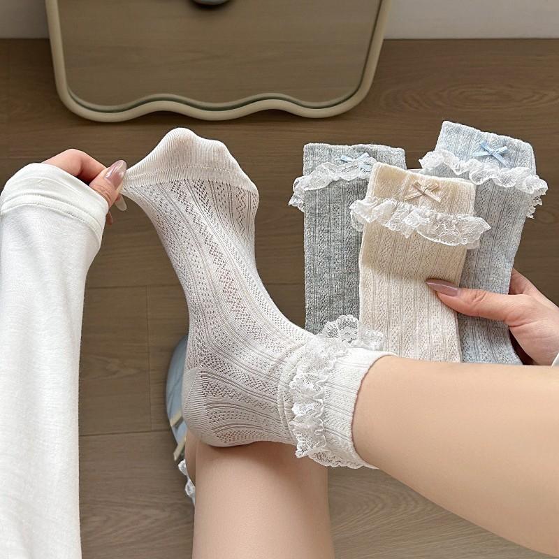 Princess Lace Socks - Boneless, Versatile Mid-calf Socks, Thin Style with Bow Ties, Mesh Openwork, Hollowed-out Design