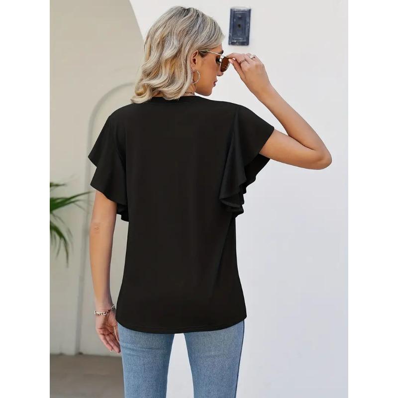 Solid Ruffle Hem Sleeve T-Shirt, Casual V Neck Short Sleeve Summer T-shirt, Women's Clothing