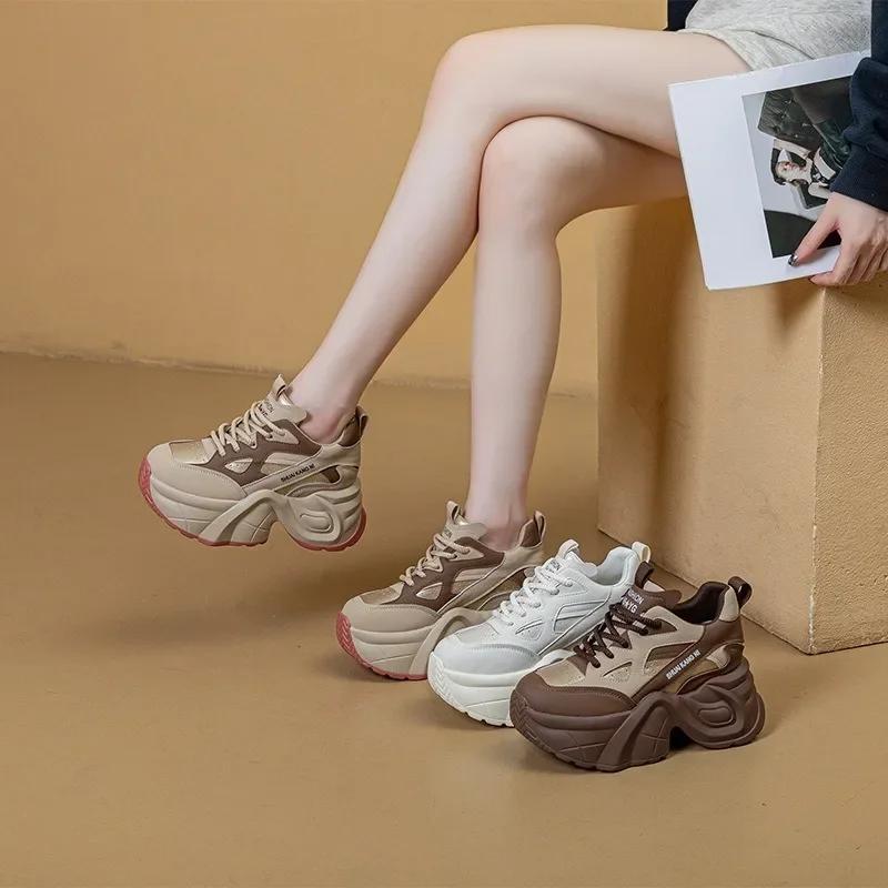 Fashion 8.5CM Genuine Leather Boots Spring Vulcanize Women Moccasins Spring Autumn Platform Wedge Loafer Fashion Chunky Sneaker Shoes