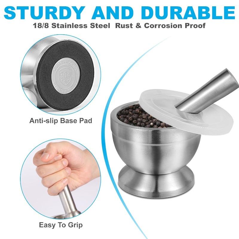 Stainless Steel Mortar And Pestle Set Kitchen Spice Grinder Pill Crusher With Lid Heavy Duty Pesto Powder Herb Bowl