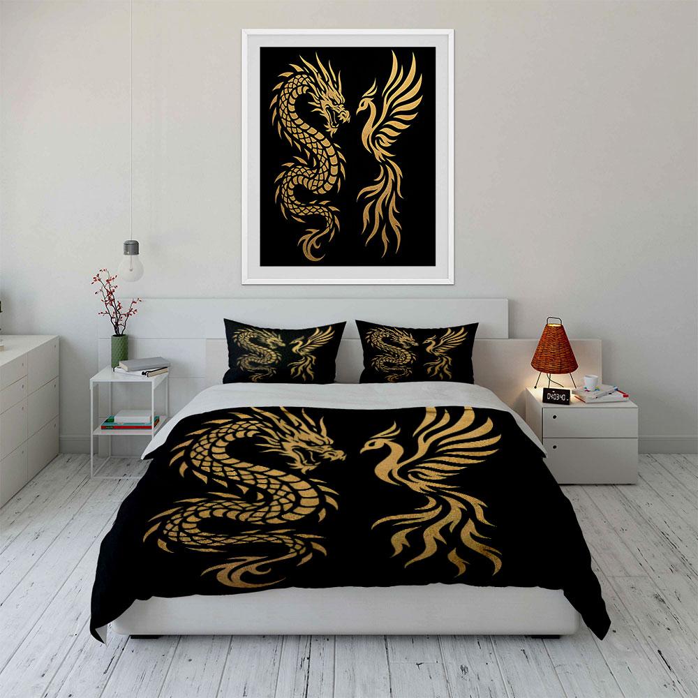 Golden Dragon and Phoenix. Bedding Sets Duvet Cover Sets Duvet Covers Pillowcases(1 * Duvet Cover 2 * Pillowcases Without Duvet Insert)