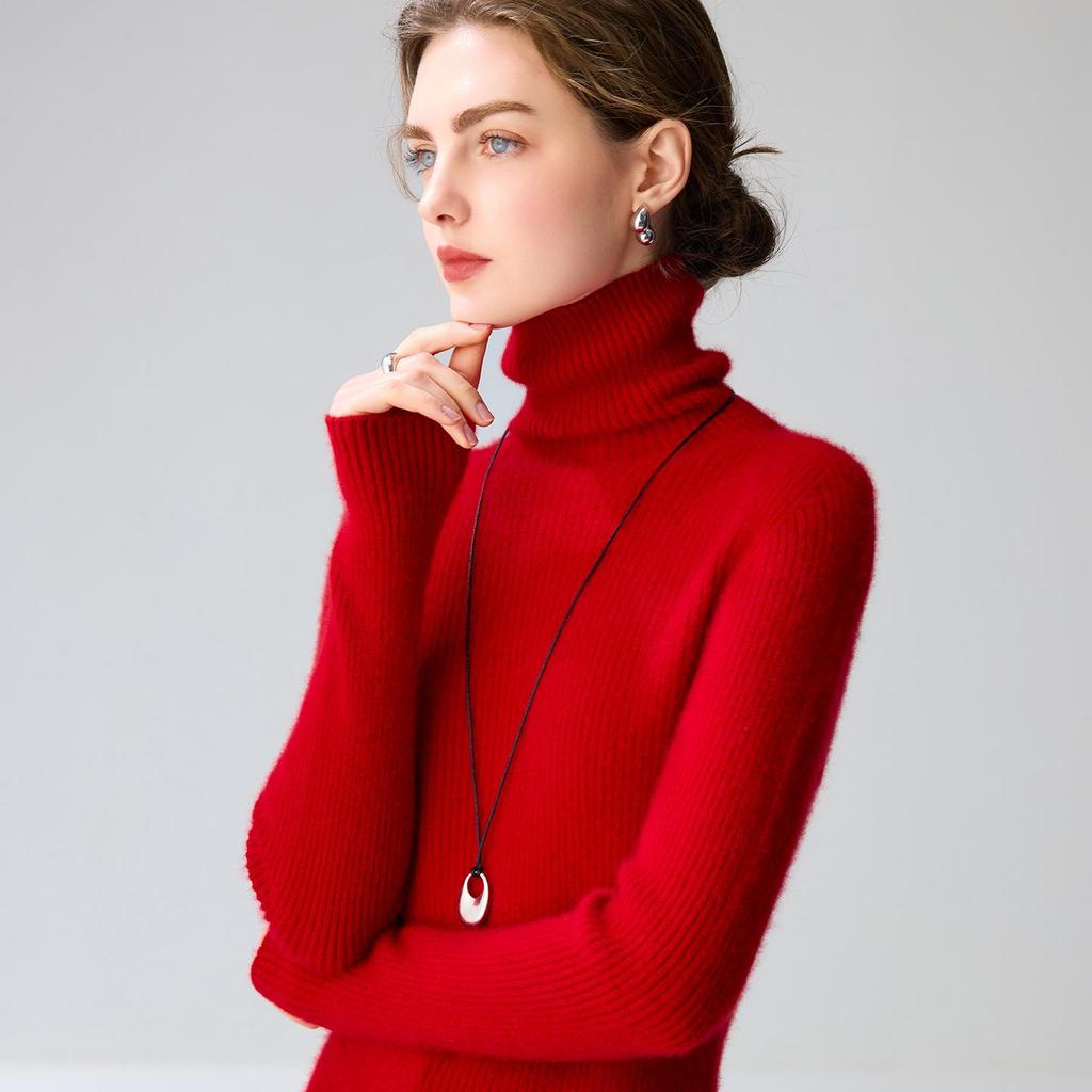 Women's High Neck Slim Fit Pure Cashmere Sweater - Warm Ribbed Knitwear for Autumn/Winter 2026 in Solid Colors