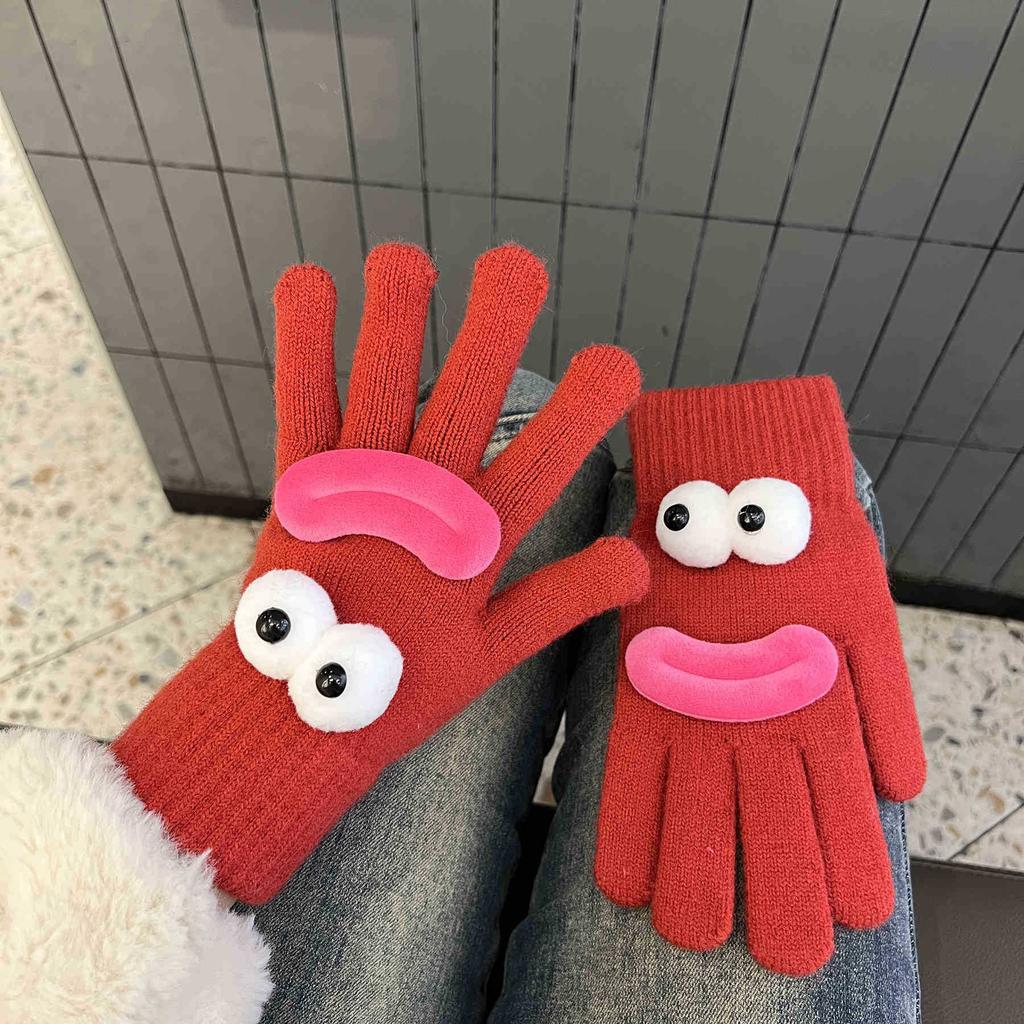 Korean Version of Funny Knitted Gloves for Women In Winter Warm and Cute Cartoon Students with Fingerless Touch Screen Split Finger Woolen Gloves