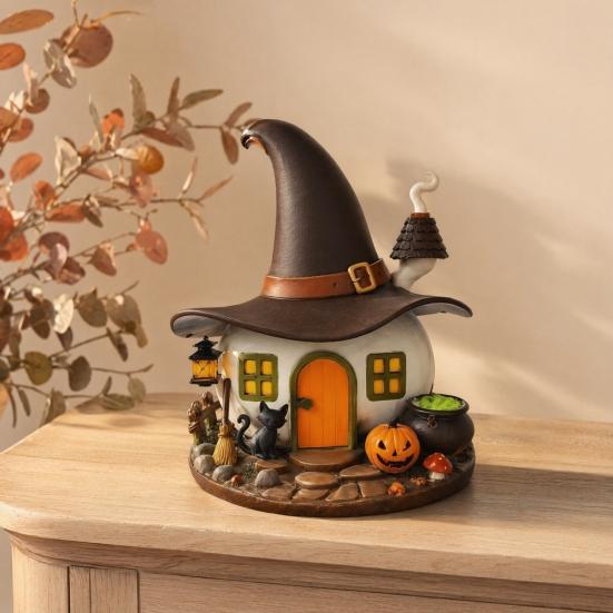 Halloween Witch House Ornament, Decorative Desktop Halloween Ornaments with Black Cats Pumpkin Lanterns Magic Brooms for Party Table Decorations and
