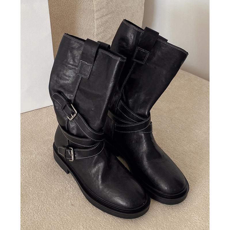 

Ретро полусапоги до середины икры из мягкой кожи на массивном каблуке с плиссированным дизайном для женщин - Новинка осени 2025, стиль вестерн, ковбойский. 39 чёрный