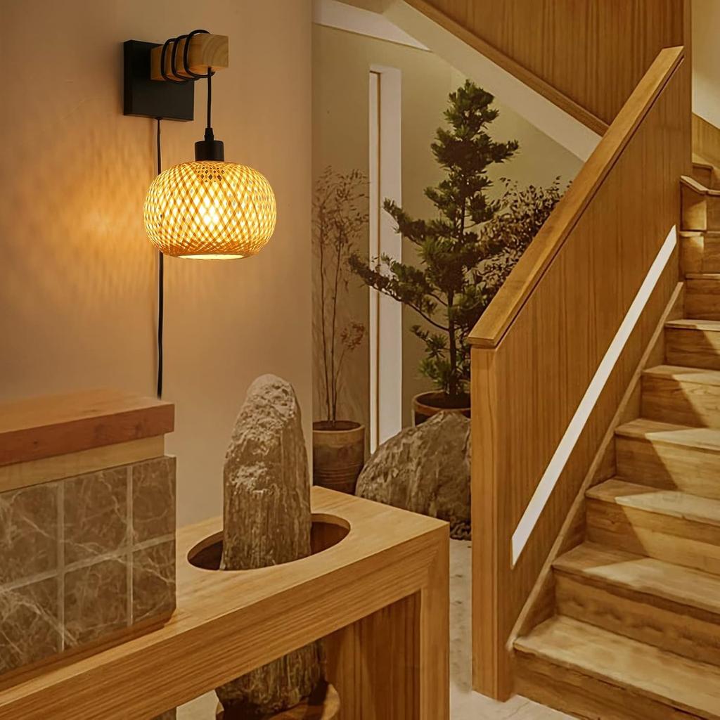 JOYINLED Farmhouse Bamboo Wall Sconce, Plug-in Hand-Woven Rattan & Wood Pendant Light Bedroom Living Room Hallway Ceiling Lamp