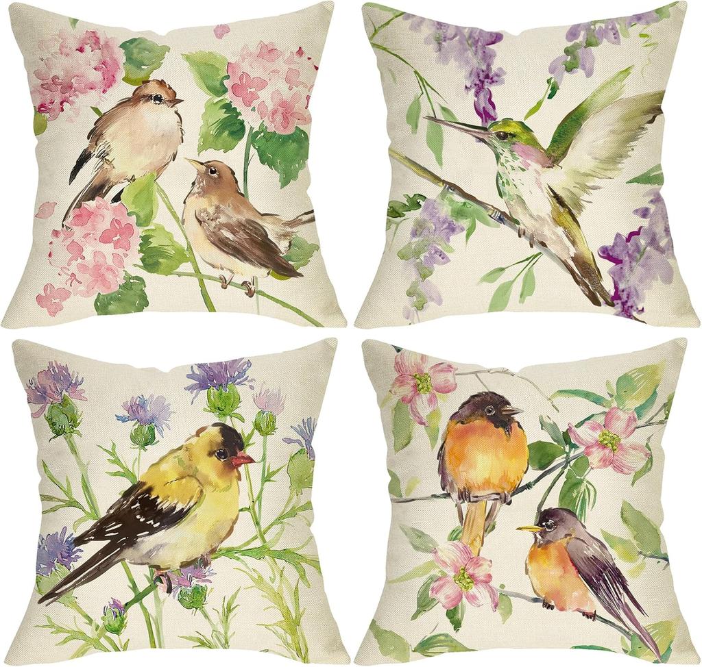 Spring Summer Birds Decorative Throw Pillow Covers Set Of 4 Chickadee Goldfinch Bluebird Porch Outdoor Home Decor Sparrow