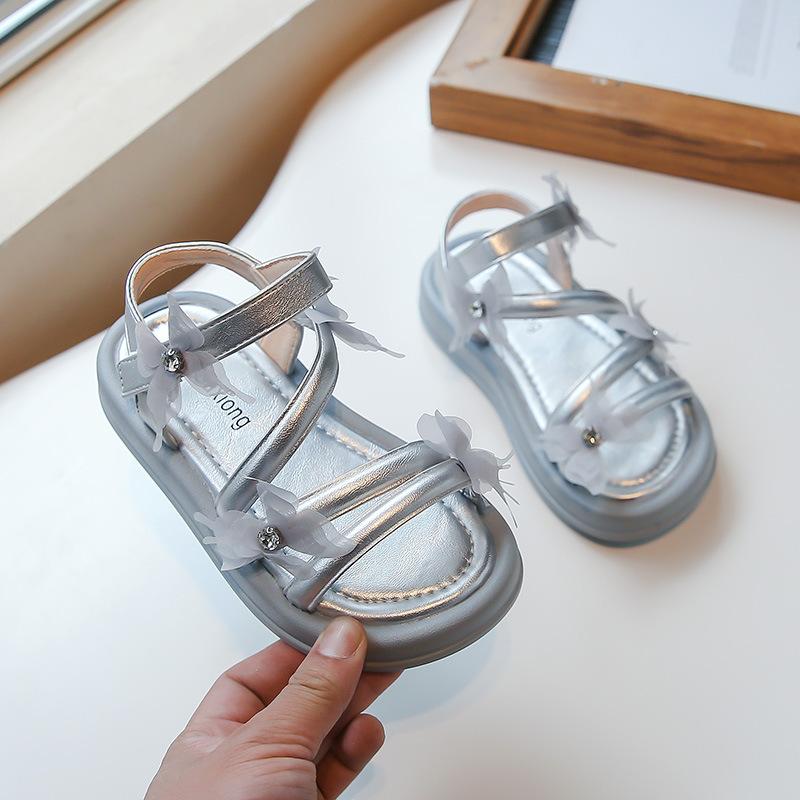 Girls Sandals with Lace Butterfly Children Beach Shoes Open Toes Soft Sole 2025 Summer New Kids Princess Shoes Non-slip Trendy