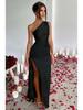 2025 One-Shoulder Ruffled Slit Satin Dress - Sexy European and American Summer Style.