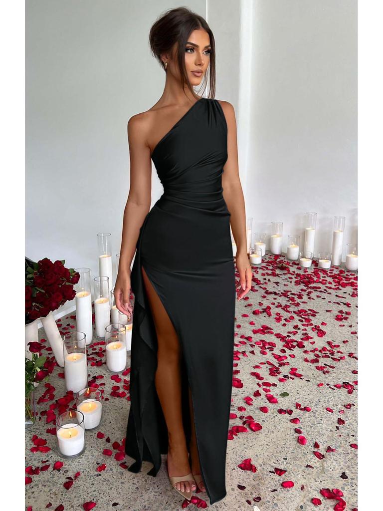 2025 One-Shoulder Ruffled Slit Satin Dress - Sexy European and American Summer Style.