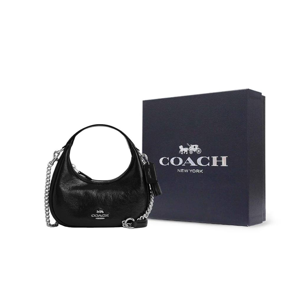 Coach Carmen 20 Logo Zip Closure Patent Leather Shoulder Crossbody Tote Bag Small Women Handbags Black CW036-SVBK