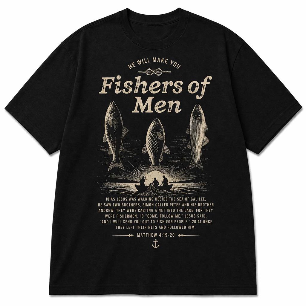 Vintage Fishers of Men Christian T-Shirt, Matthew 4:19 Bible Verse Fishing Tee