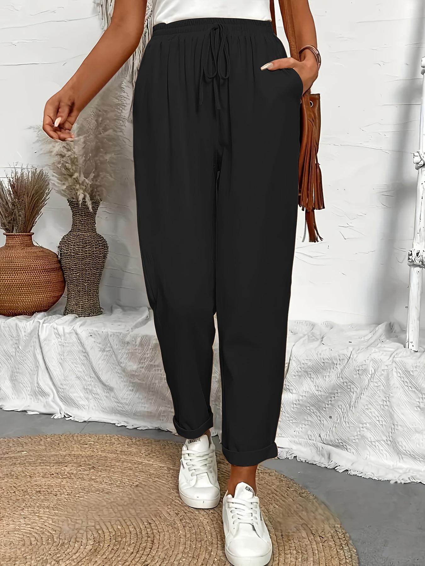

2025 Women s High Waist Cotton Linen Drawstring Casual Pants with Pockets S чорний