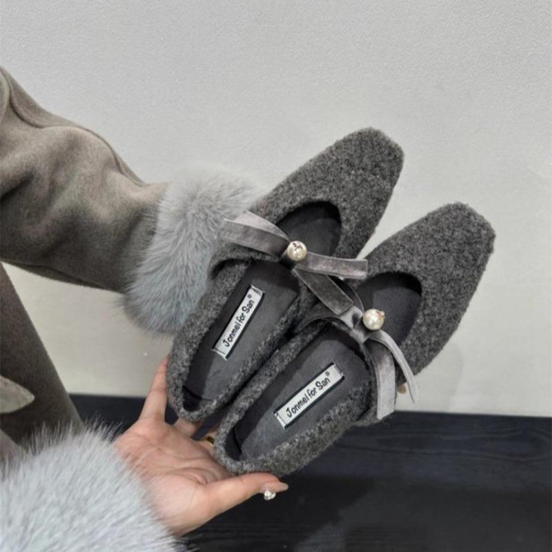 Winter Square with Cotton Shoes Women's Square Head Shallow Mouth Butterfly Knot Soft Sole Non-slip Low Top Shoes