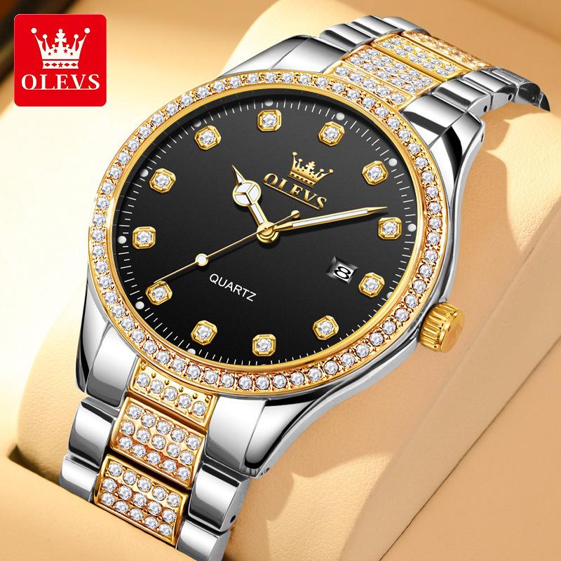 

OLEVS мужские часы с бриллиантами, роскошные деловые наручные часы, кварцевые, из нержавеющей стали, водонепроницаемые, светящиеся, с датой и днем чёрный