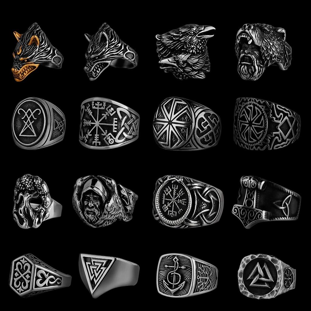 Nordic Viking Stainless Steel Ring Anchor Compass Tree of Life Rune Amulet Wolf Men Women Finger Jewelry Biker Party Club Gift