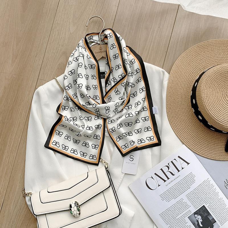 Ins Style Minimalist Double-Sided Striped Simulated Silk Long Scarf Satin Double Layered Scarf French Elegant Retro Headband