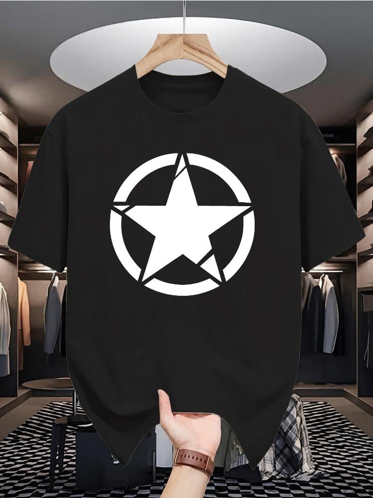 Minimal White Circle Star Graphic Unisexs Short Sleeve T Shirt Summer Crew Neck Loose Fit Retro Street Casual Daily Tops