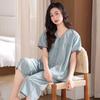 Pajamas women's summer thin woven cotton short-sleeved cropped pants summer middle-aged mother large-size loungewear set