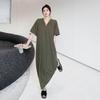 Retro Hepburn Style Plus Size Zipper Dress - Solid Color, Loose Fit Long Dress for Women