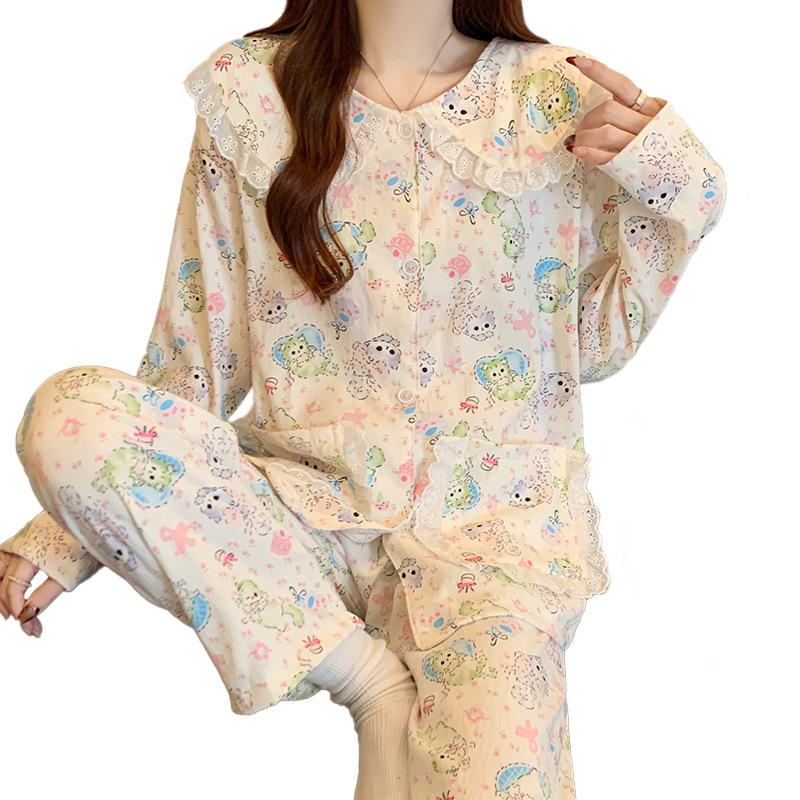 French Exquisite Cloud Cotton Pajamas Female Cute Cat Doll Collar Spring Long Sleeve Loose Loungewear